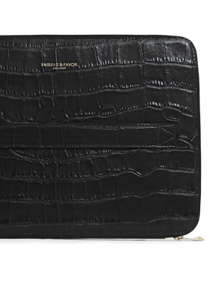 The Moorgate - Unisex Folio Bag - Black Croc Print Leather
