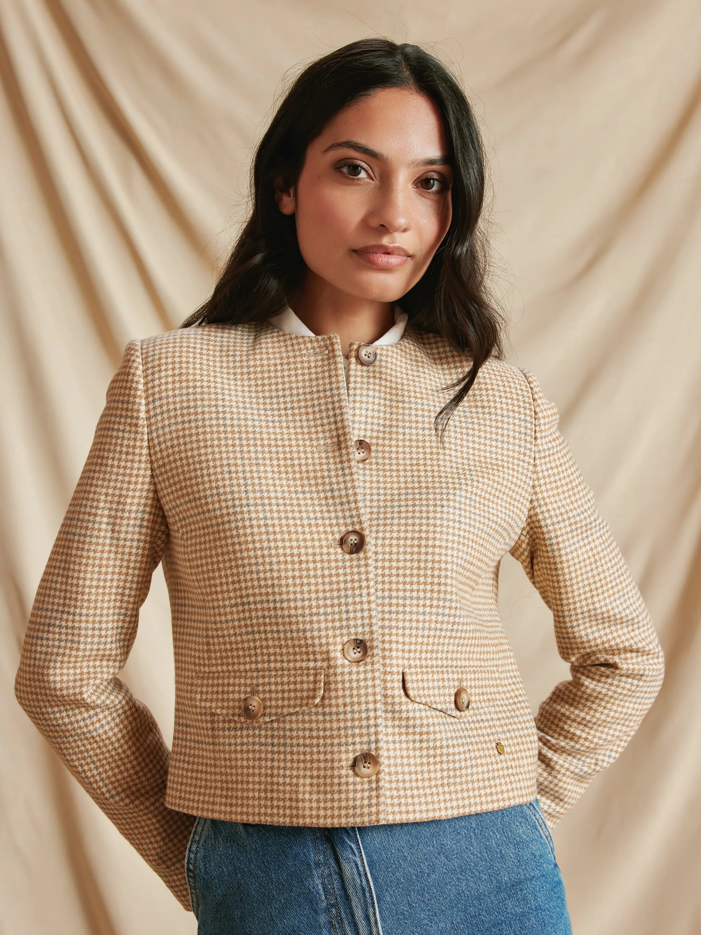 Felicity - Women's Wool Cropped Jacket - Ecru Honey Check