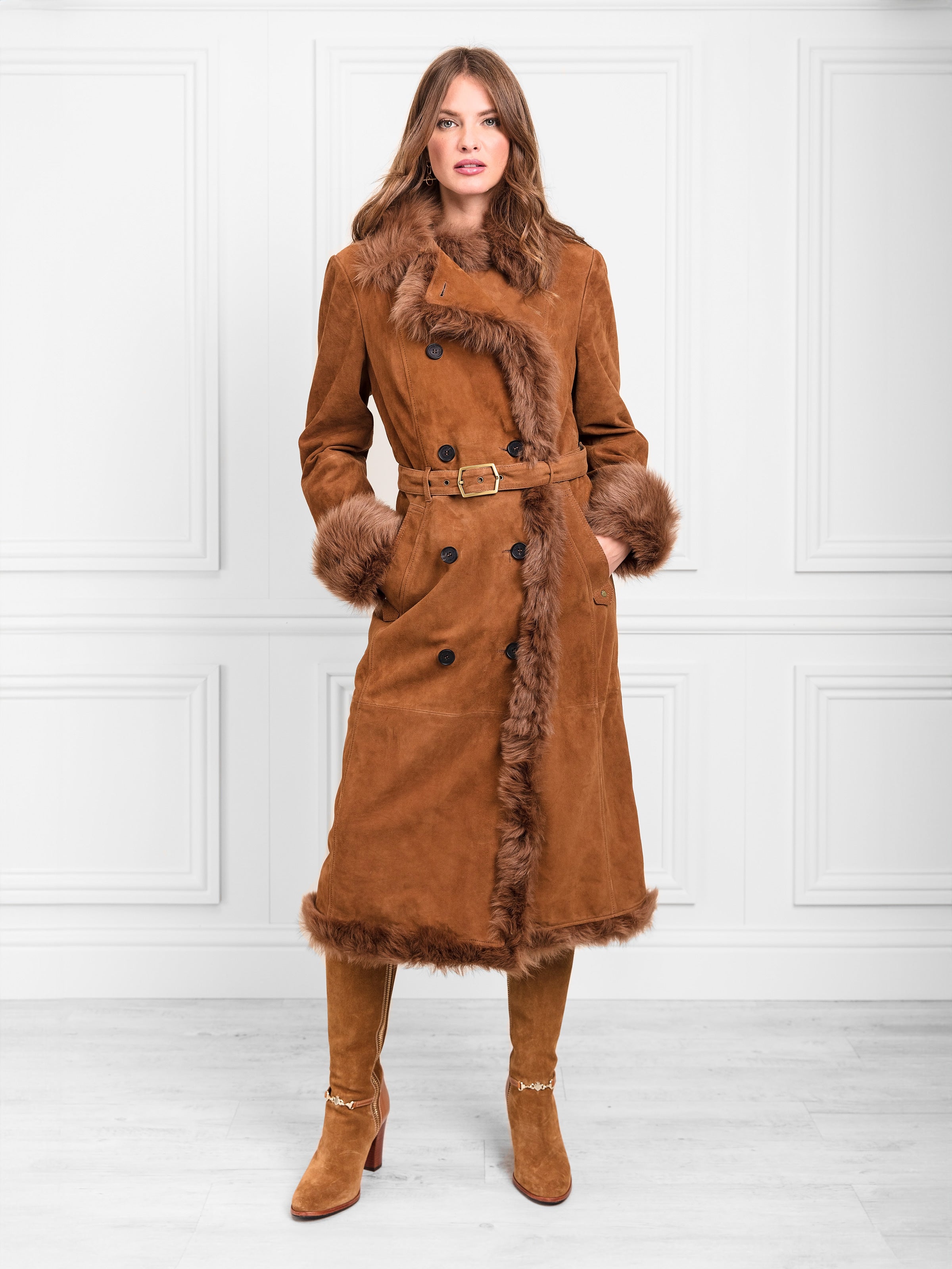 ジャケット・アウター Grace Long Trench Coat Grace - Womens Trench Coat - Tan Suede & Toscana | Fairfax & Favor