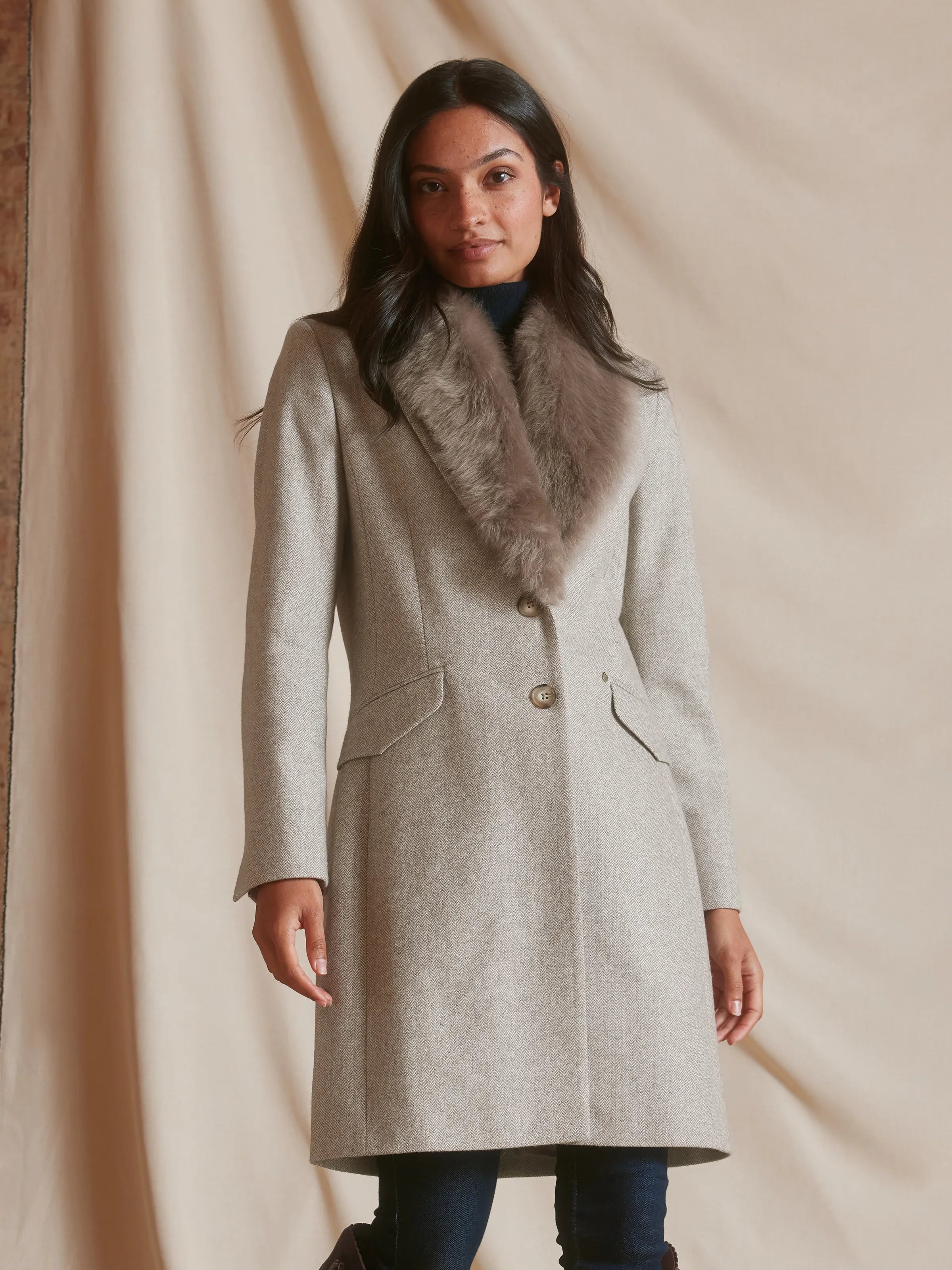 Harriet - Women's Coat Taupe Herringbone & Toscana | Fairfax & Favor