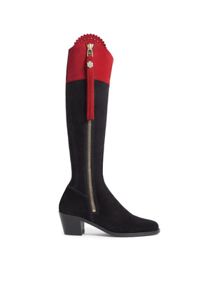 The Regina - Women's Tall Heeled Boot - Navy & Red Suede, Narrow Calf