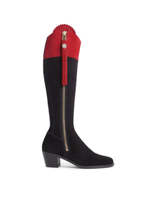 The Regina - Women's Tall Heeled Boot - Navy & Red Suede, Sporting Calf