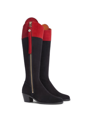 The Regina - Women's Tall Heeled Boot - Navy & Red Suede, Sporting Calf