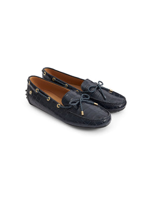 The Henley - Women's Driving Shoe - High Shine Navy Croc Print Leather