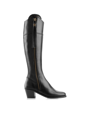 Women's Tall Heeled Boot - Black Leather, Regular Calf
