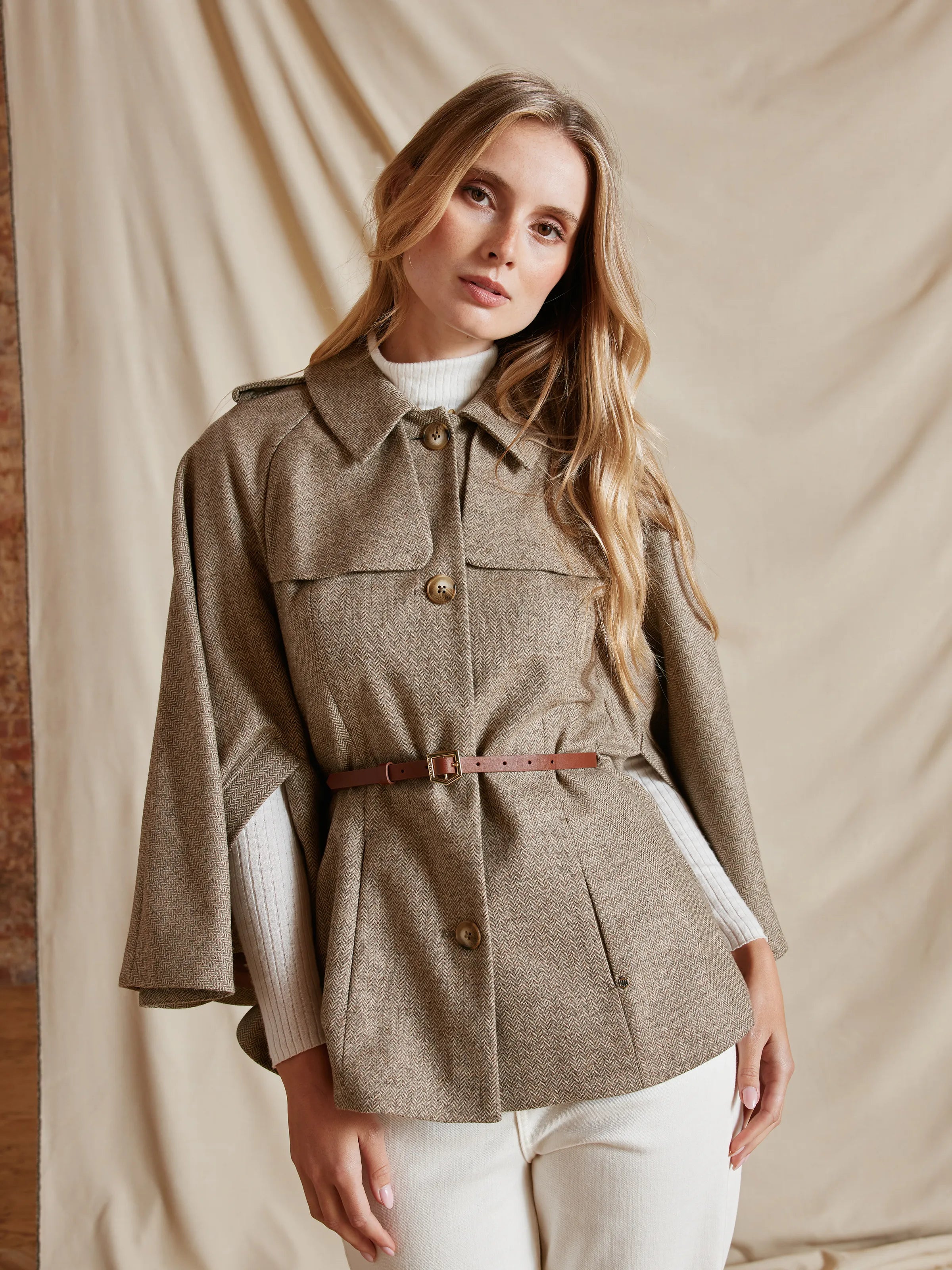 Sienna - Women's Cape - Taupe Herringbone Wool | Fairfax & Favor