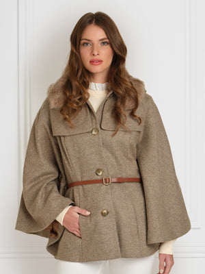 Women's Wool Cape - Taupe Herringbone with Removable Toscana Collar