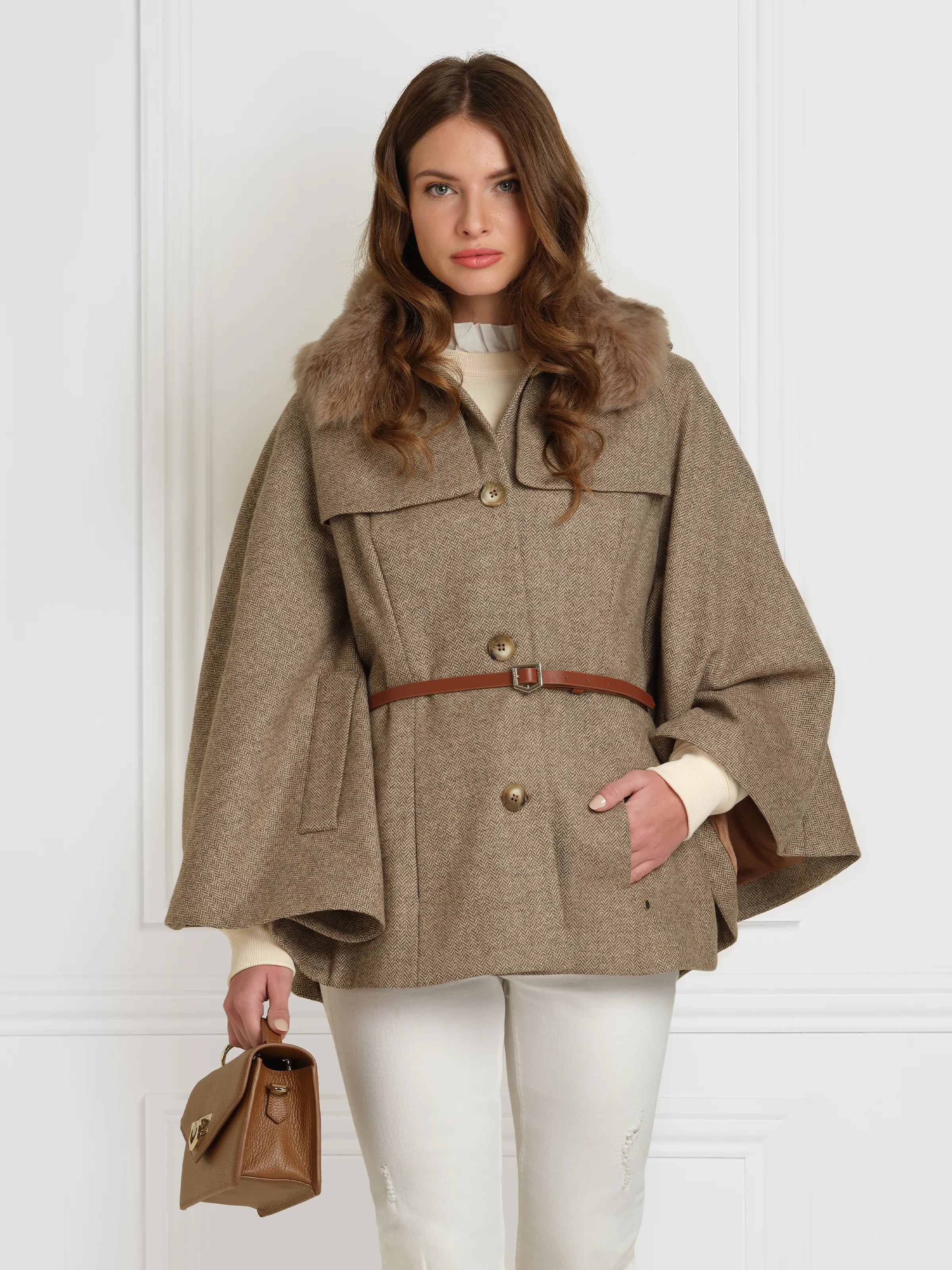 Sienna - Women's Cape - Taupe Herringbone Wool | Fairfax & Favor