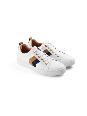 The Alexandra - Women's Trainer - White Leather with Tan & Navy Suede