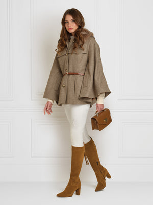 The Sienna - Women's Wool Cape - Taupe Herringbone with Removable Toscana Collar