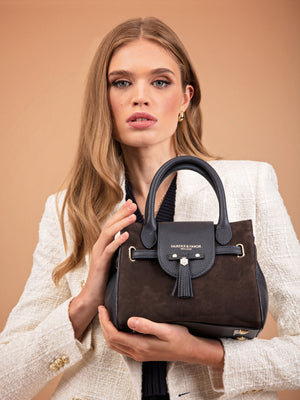 The Windsor - Women's Mini Handbag - Chocolate suede and Navy leather
