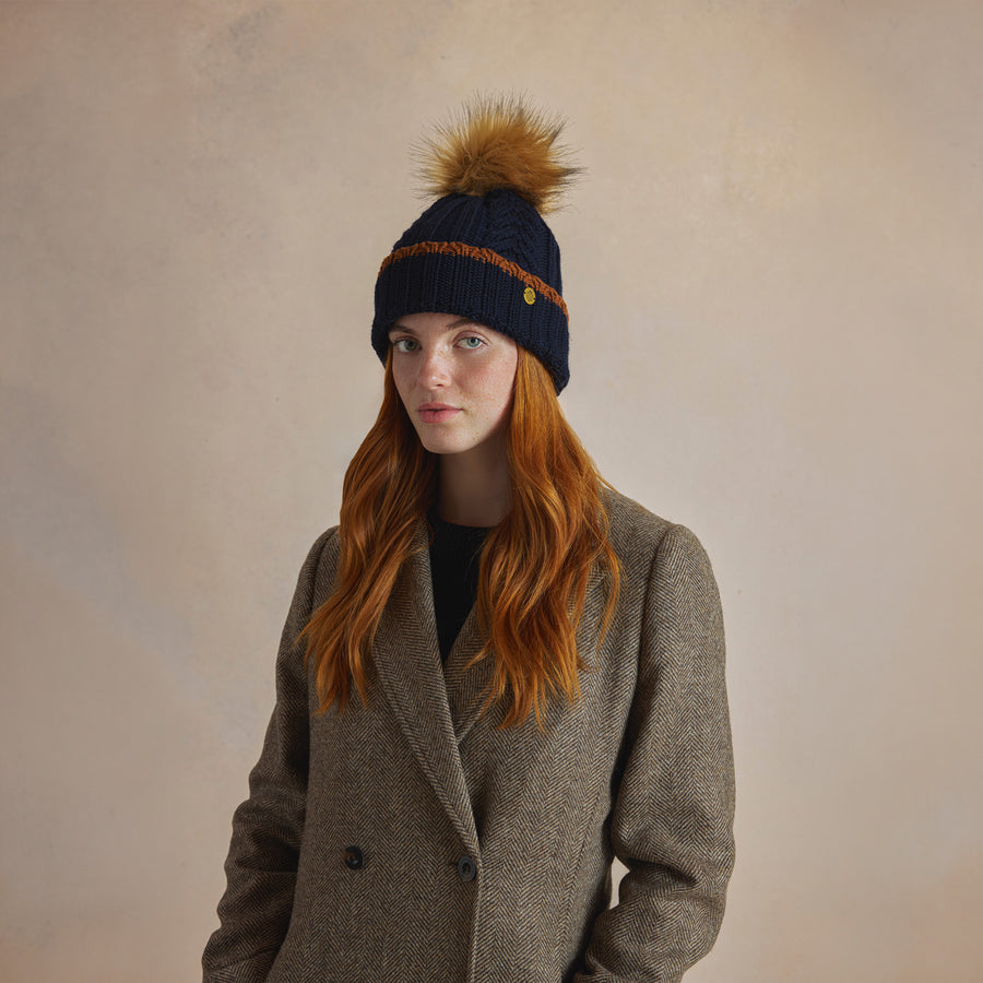 Signature Bobble Hat - Cable Knit Bobble Hat - Navy