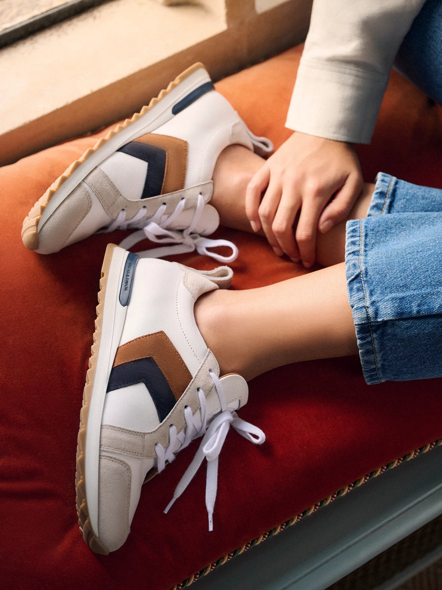 Xandra - Womens Trainers - White Leather with Tan & Navy Suede