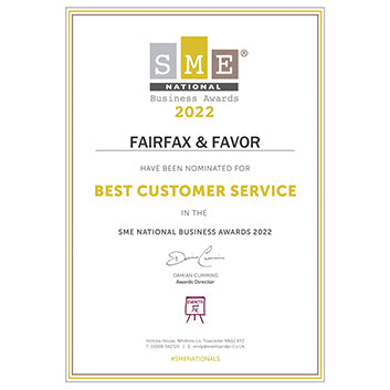 May 2022: Fairfax & Favor are nominated for Best Customer Service in the SME Business Awards