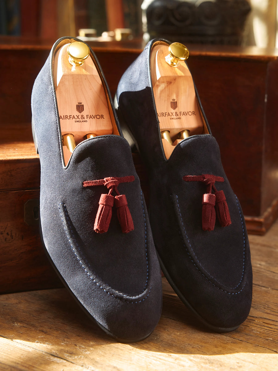 The Bedingfeld - Men's Tassel Loafers - Navy & Burgundy Suede