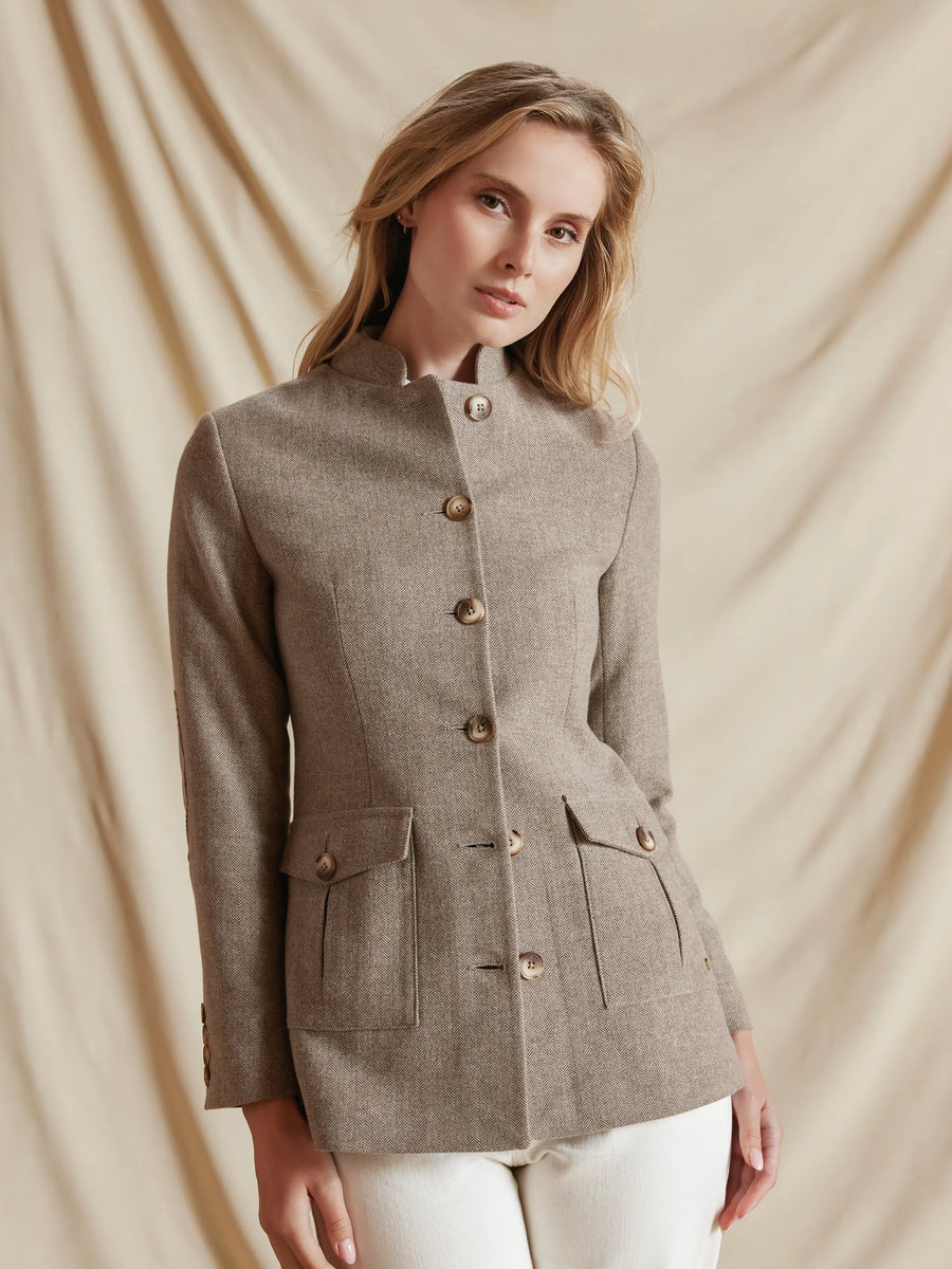 The Eliza - Women's Single Breasted Herringbone Jacket - Driftwood