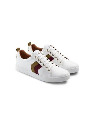 The Alexandra - Women's Trainer - White Leather with Olive & Plum Suede