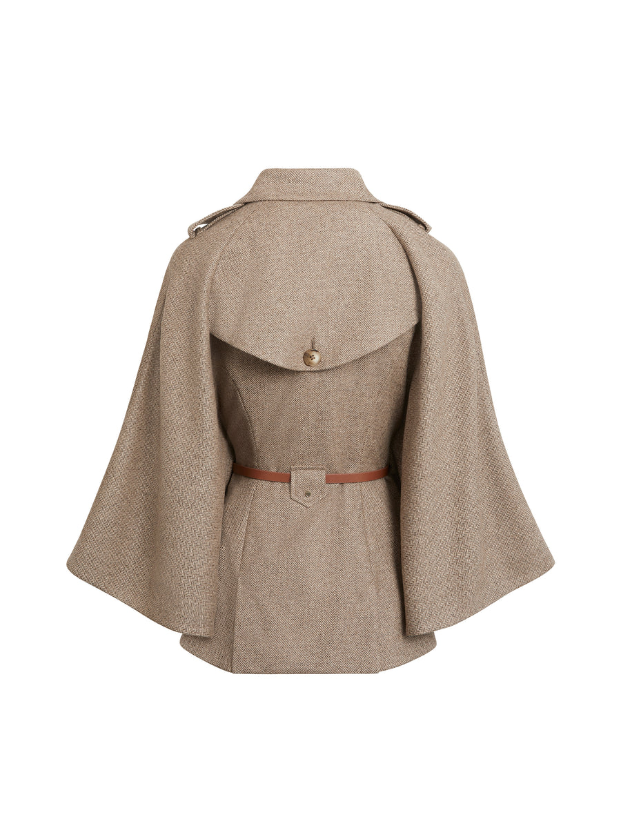 The Sienna - Women's Wool Cape - Taupe Herringbone with Removable Toscana Collar