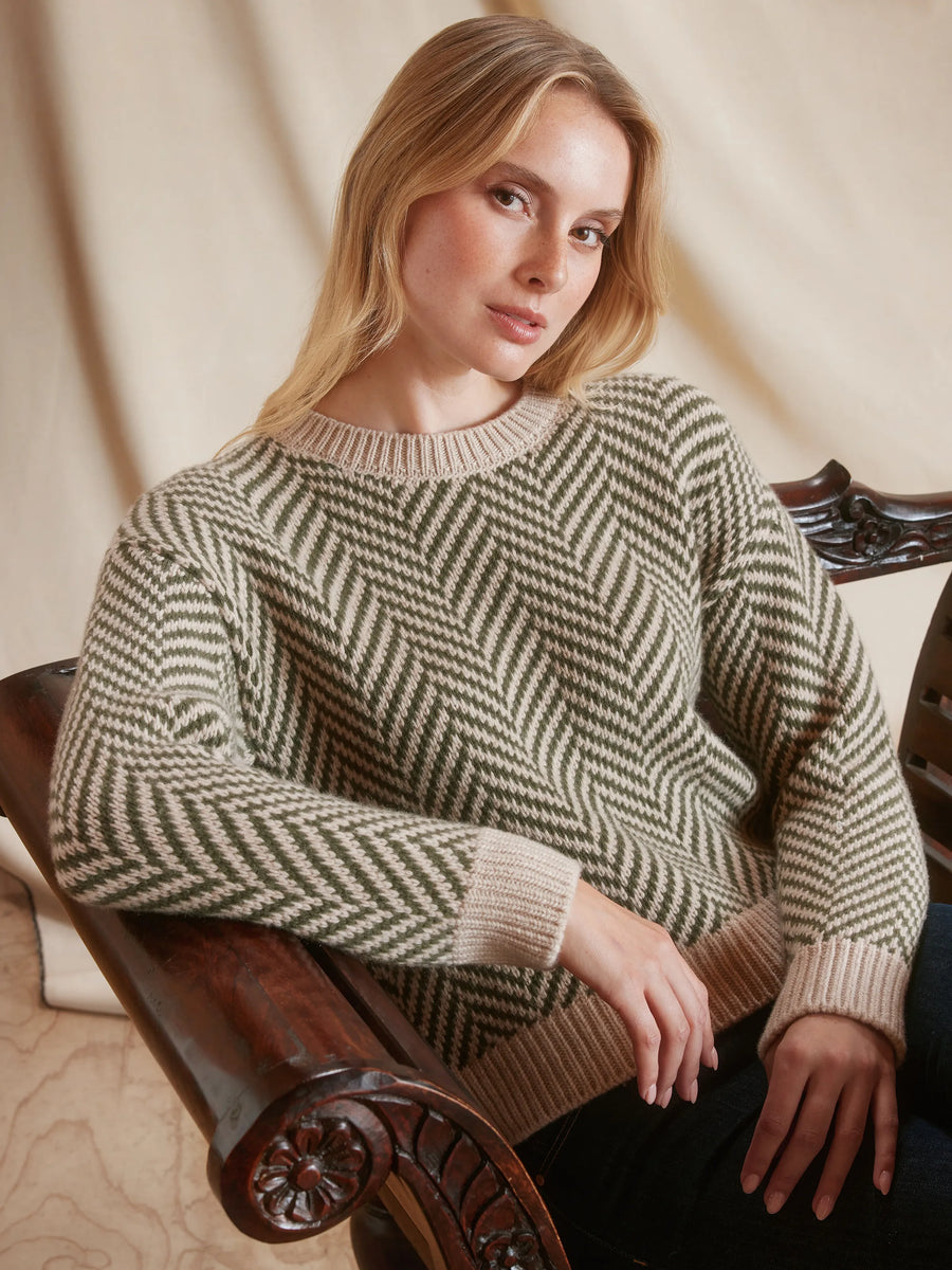 The Evie - Womens Jumper - Moss Green Herringbone Wool & Cashmere