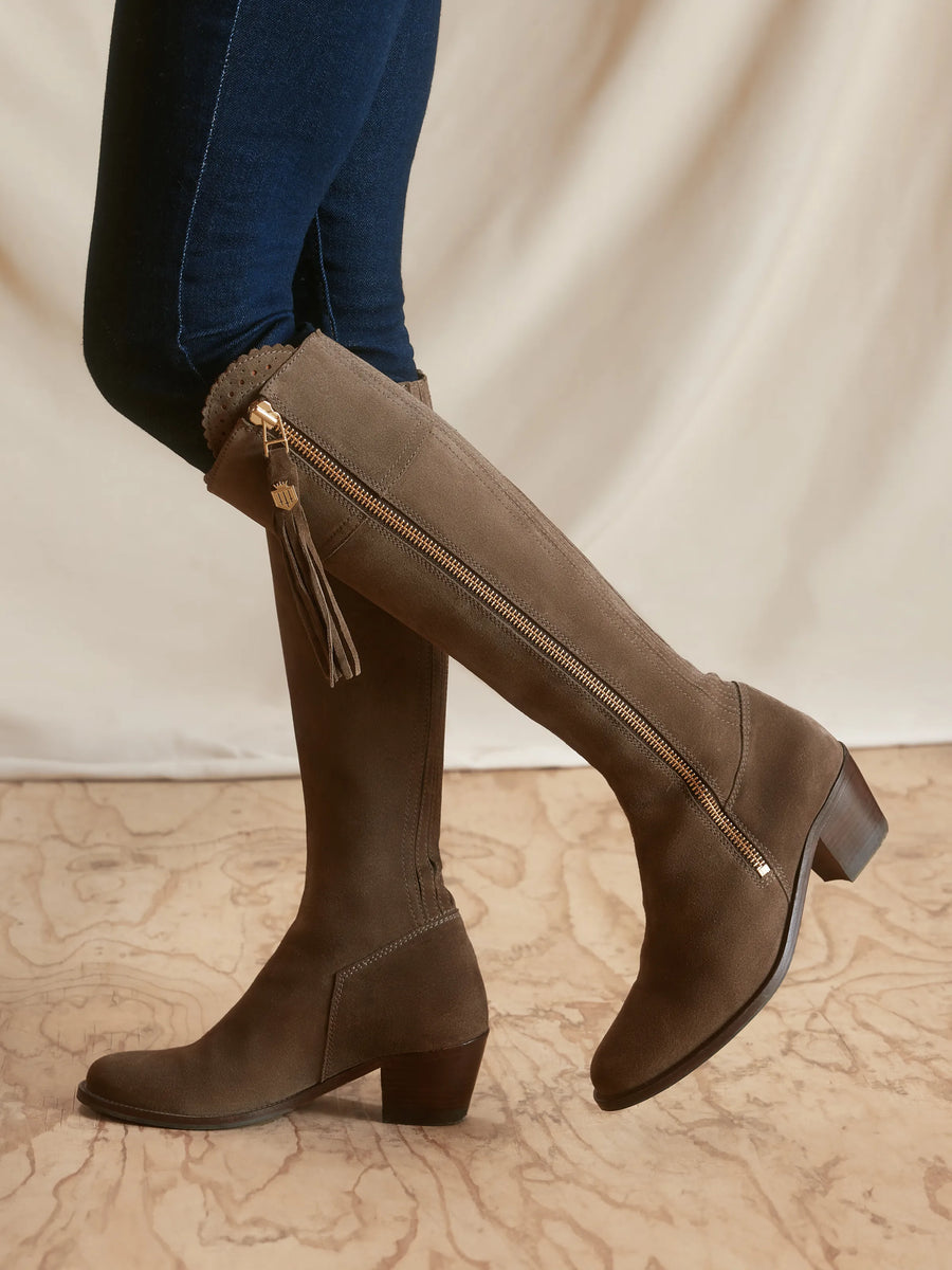 The Regina - Women's Tall Heeled Boots - Fog Suede, Sporting Calf