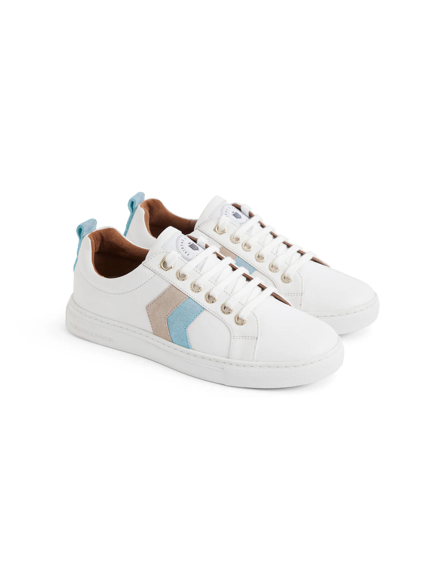 The Alexandra - Women's Trainer - White Leather with Sky Blue & Stone