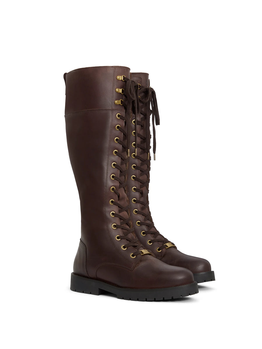 The Anglesey - Women's Knee-High Combat Boots - Mahogany leather