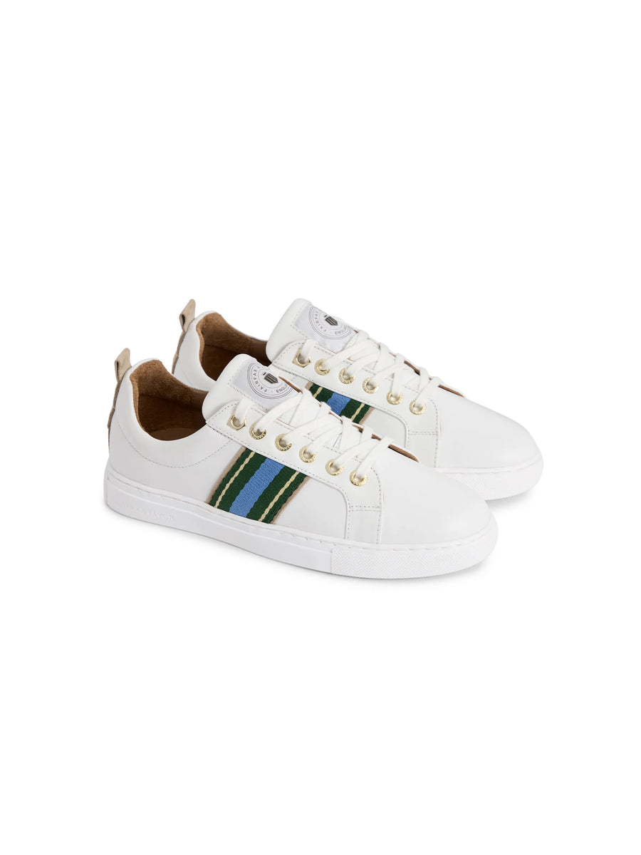 The Boston - Women's Trainer - White Leather with Clover Green & Sky Blue