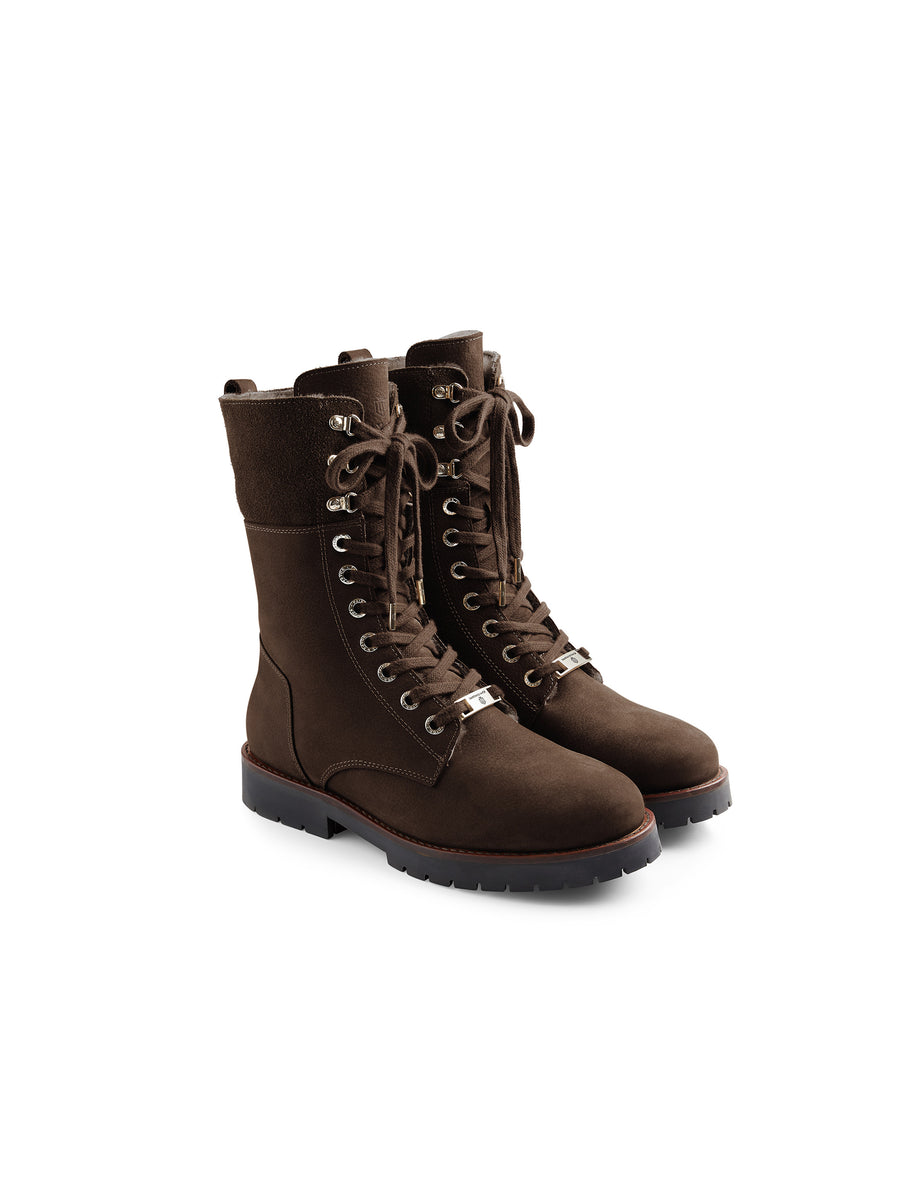 The Anglesey - Shearling Lined Combat Boots - Chocolate Nubuck