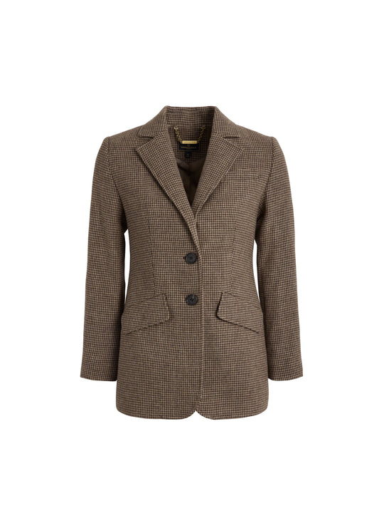 Hazel Women's Blazer Mini Houndstooth Brown Wool Fairfax Favor