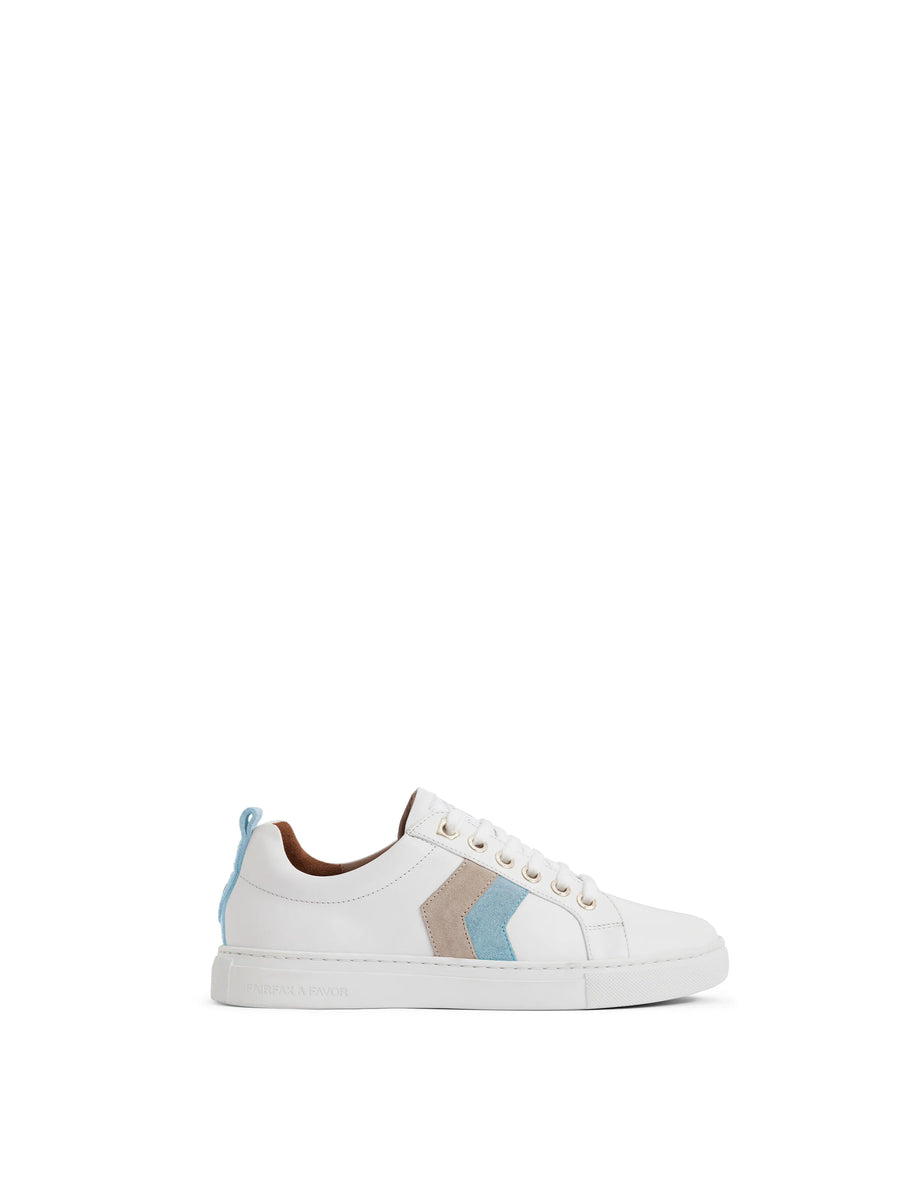 Alexandra - White Leather - Sky Blue & Stone