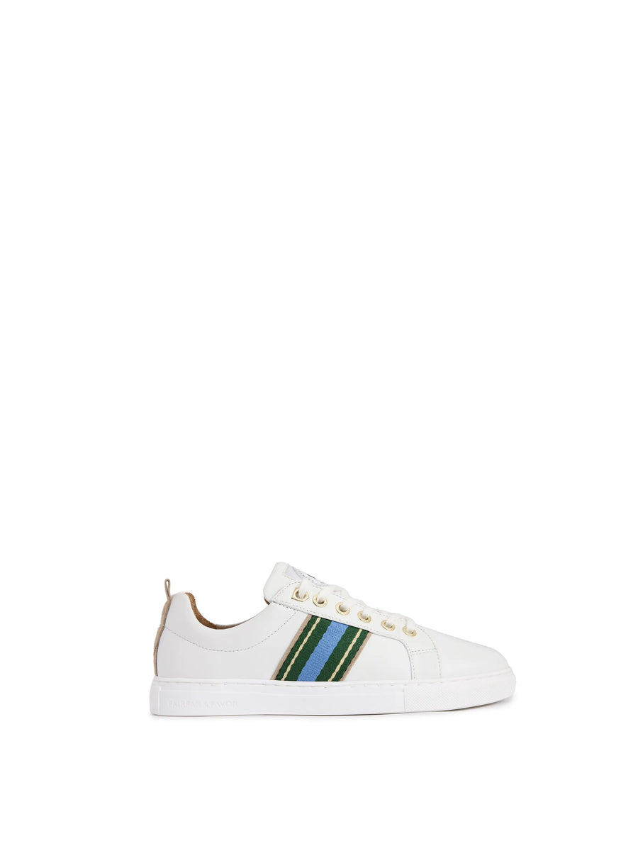 The Boston - Women's Trainer - White Leather with Clover Green & Sky Blue
