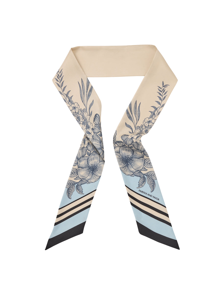 The Mannington - Women's Twill Silk Scarf - Off White, Navy & Sky Blue