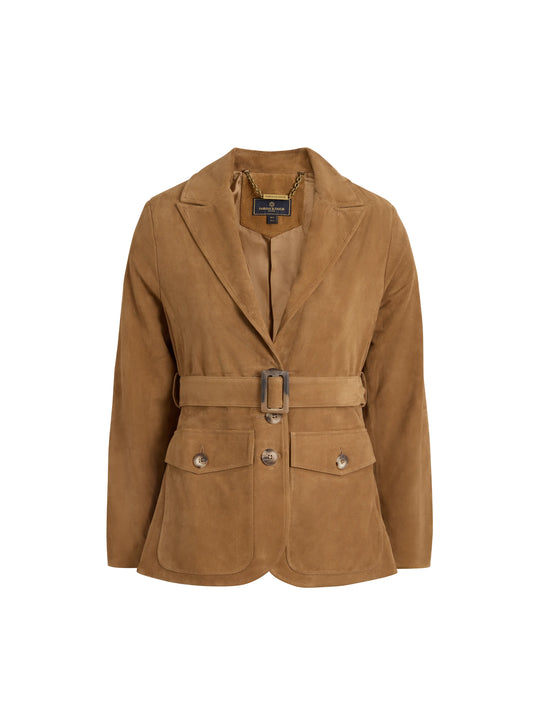 Ophelia - Women's Belted Blazer - Honey Tan Suede | Fairfax & Favor