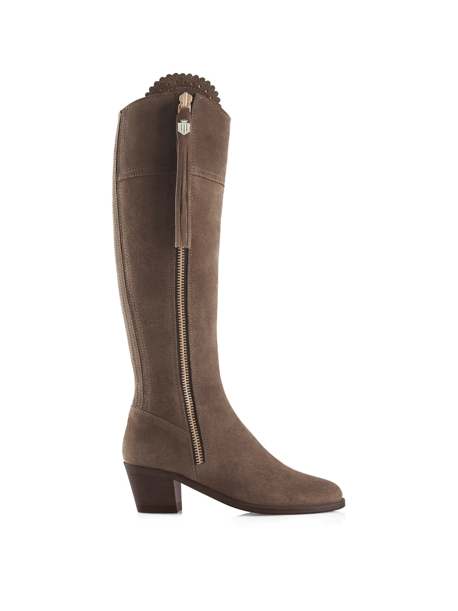 The Regina - Women's Tall Heeled Boots - Fog Suede, Sporting Calf