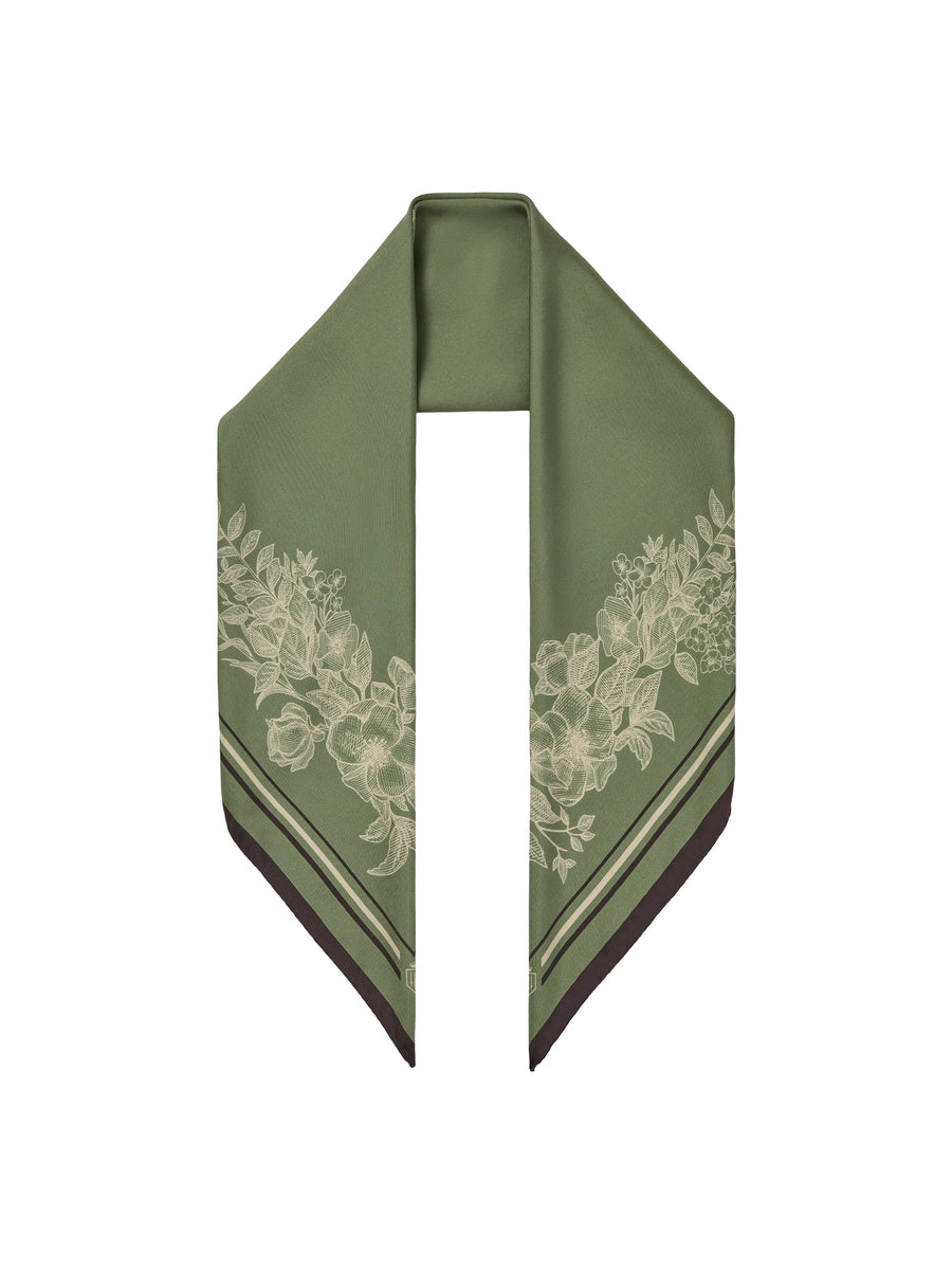 The Mannington - Women's Silk Scarf - Green, Off White & Black