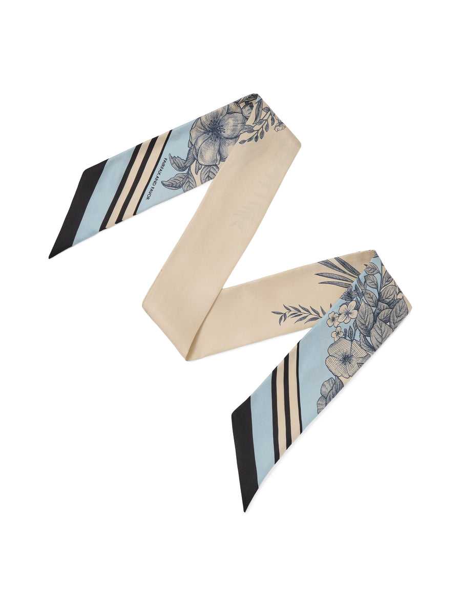 The Mannington - Women's Twill Silk Scarf - Off White, Navy & Sky Blue