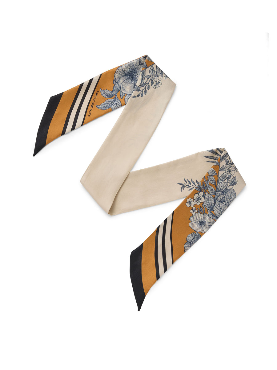 The Mannington - Women's Twill Silk Scarf - Off White, Navy & Orange