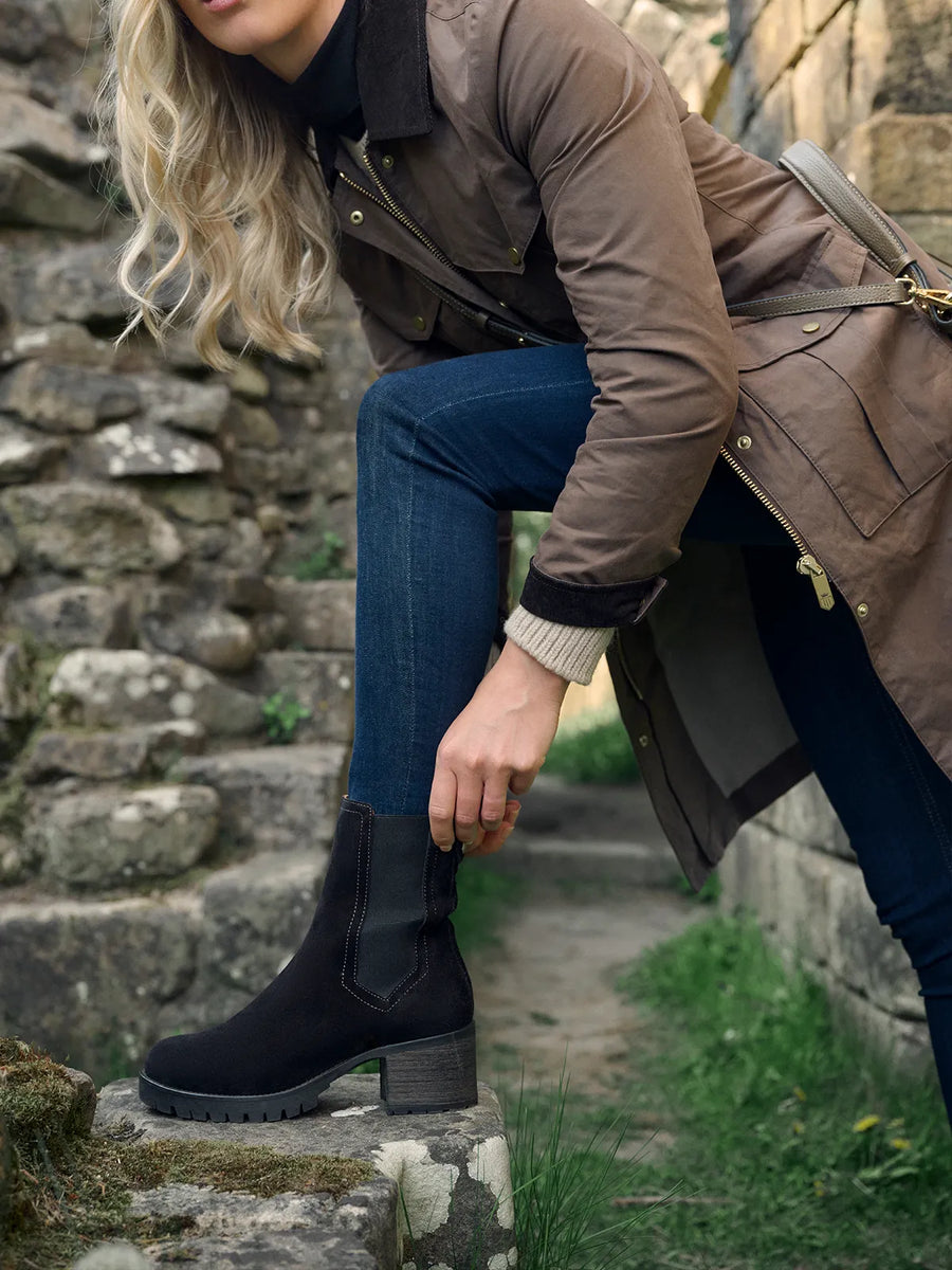 The Boudica - Women's Heeled Ankle Boots - Black Suede