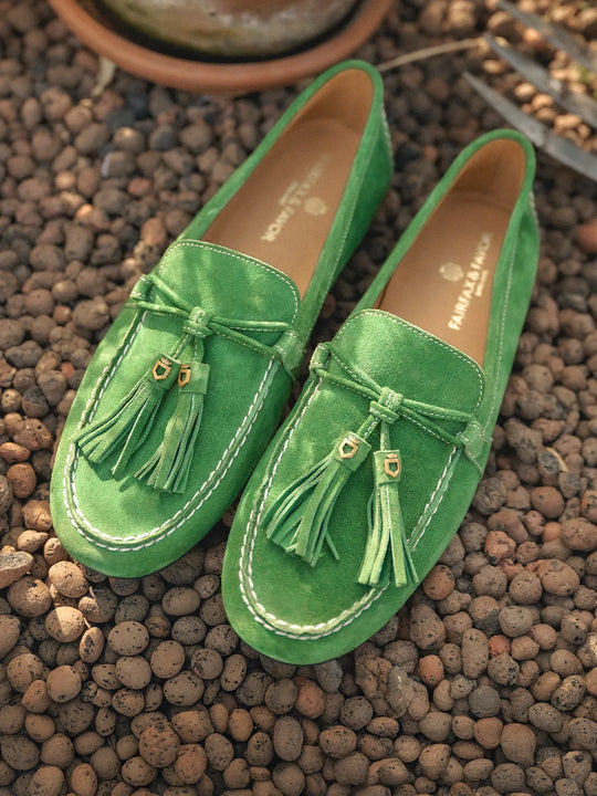 green emerald velvet dress Green Fashion Loafers | Gold Tassel and Toe