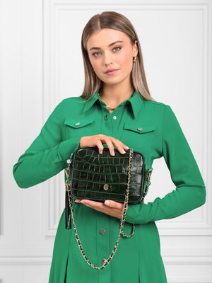 The Finsbury - Women's Crossbody Bag - Emerald Green Croc Print Leather