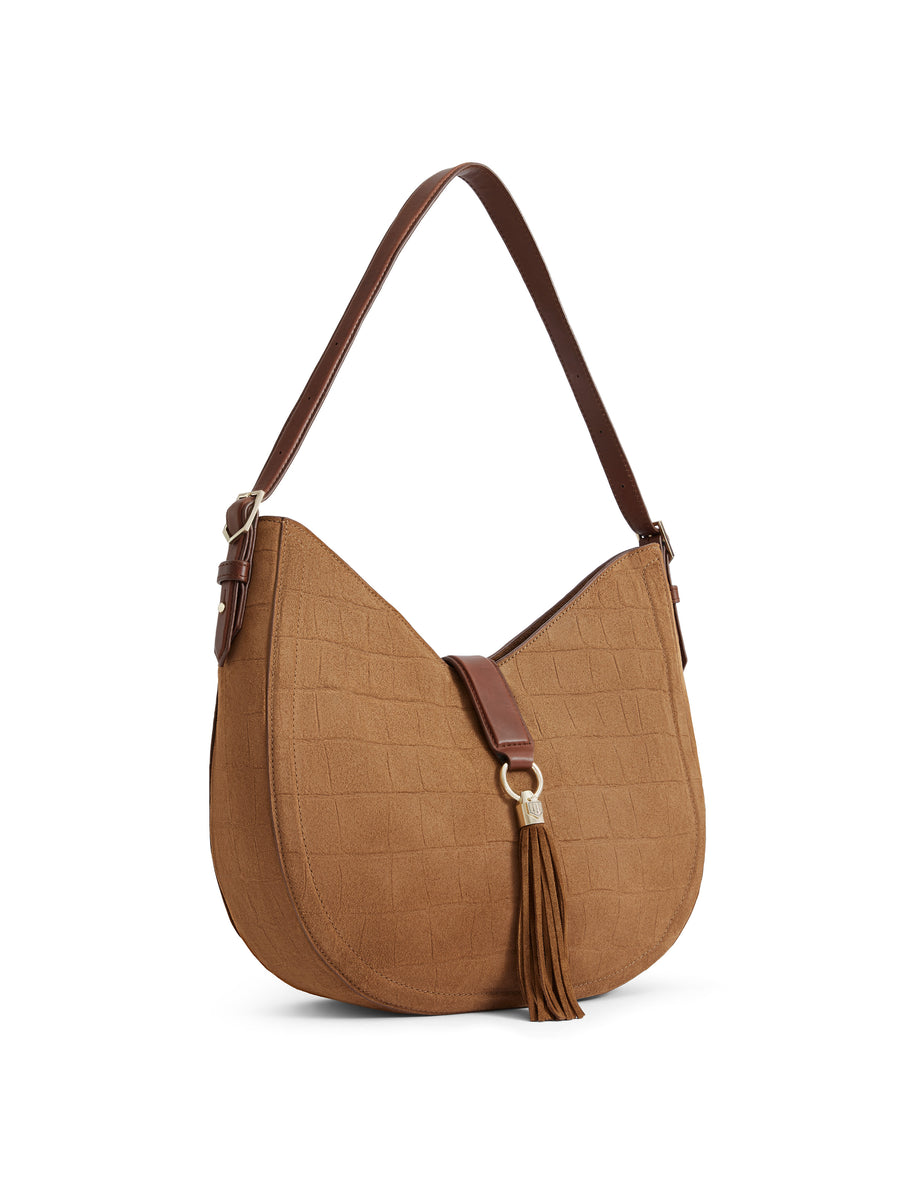 The Langham Hobo Bag - Tan Croc Print Suede