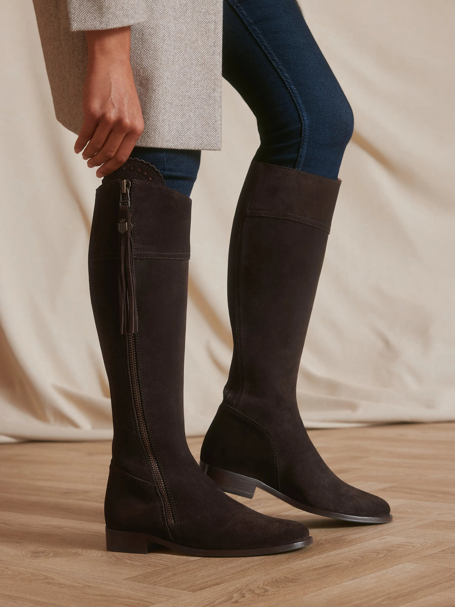 The Regina - Women's Tall Boots - Chocolate Suede, Regular Calf