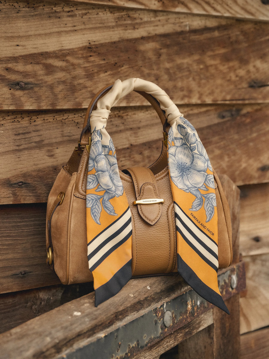 The Mannington - Women's Twill Silk Scarf - Off White, Navy & Orange