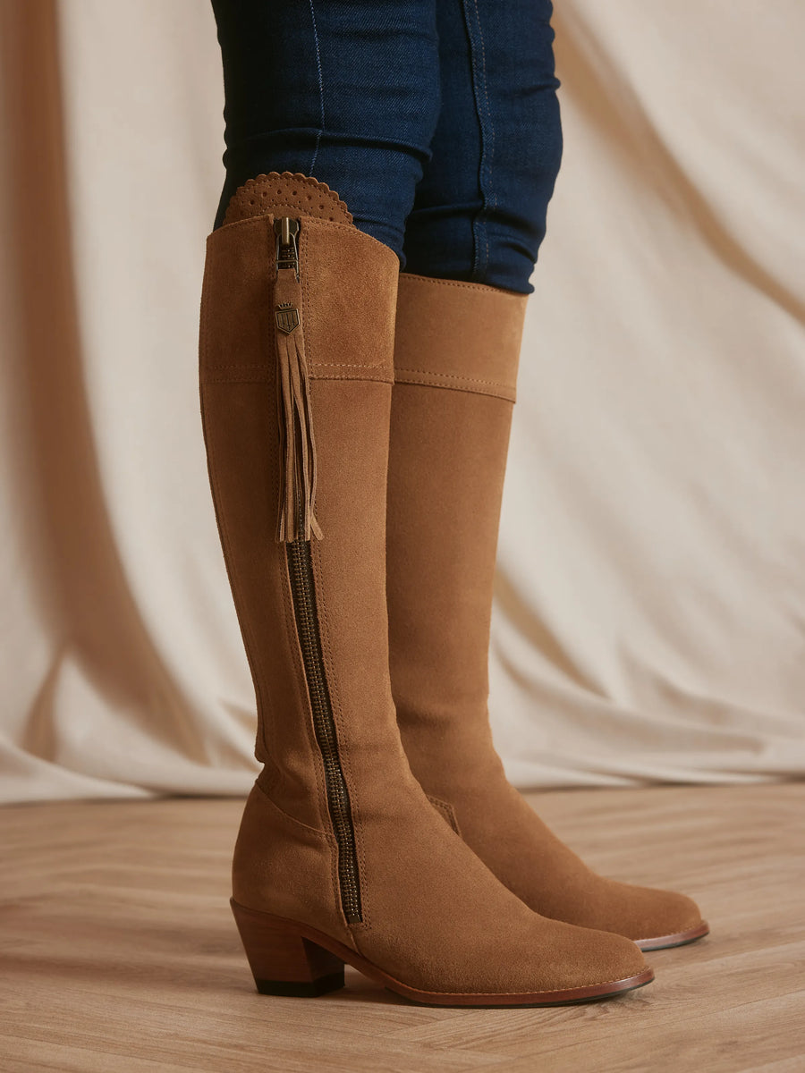 The Regina - Women's Tall Heeled Boots - Tan Suede, Regular Calf