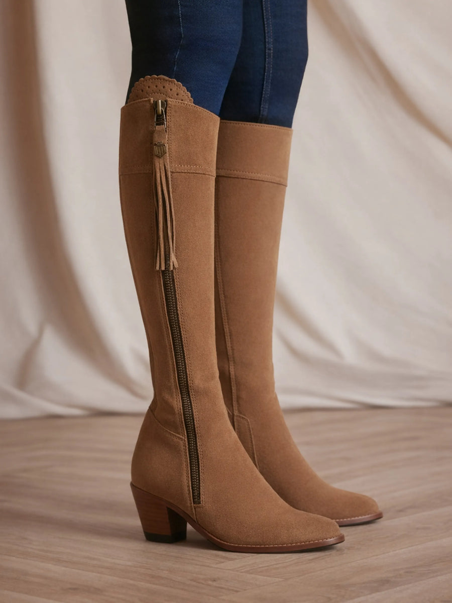 The Regina - Women's Tall Heeled Boots - Tan Suede, Narrow Calf