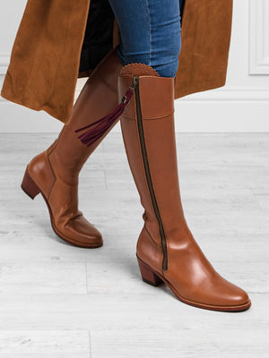 The Regina - Women's Tall Heeled Boot - Tan Leather, Sporting Calf