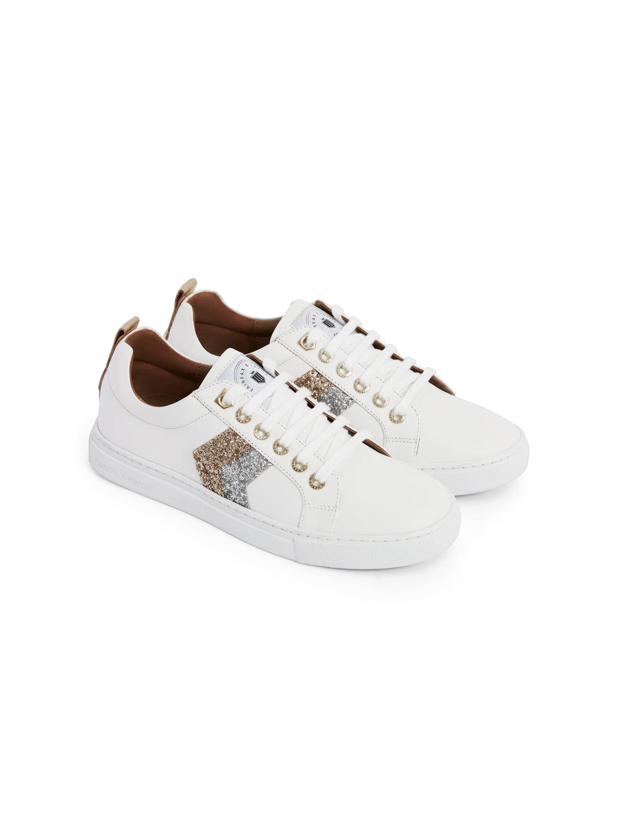 The Alexandra - Women's Trainers - White Leather, Silver & Gold Glitter
