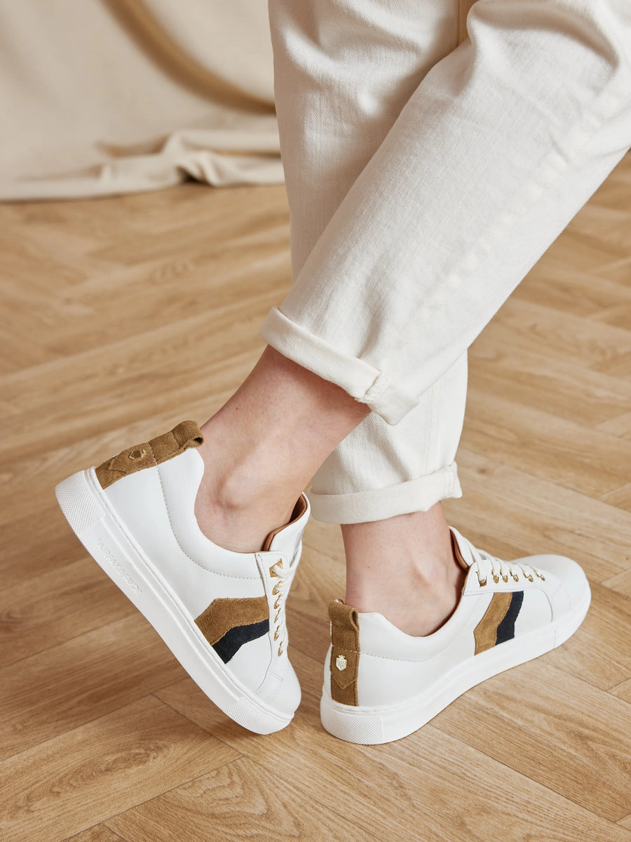 The Alexandra - Women's Trainers - White Leather with Tan & Navy Suede