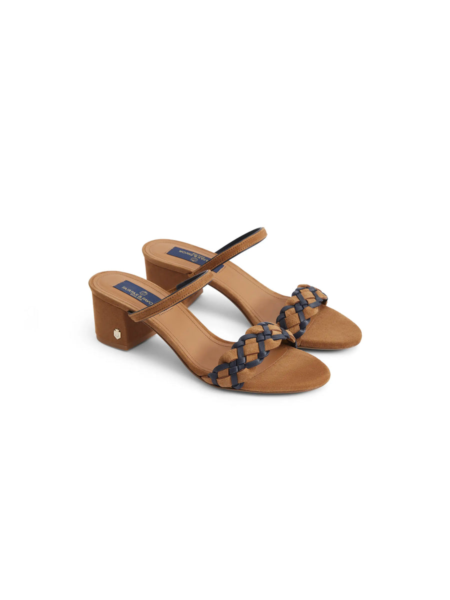 The Tuscany - Women's Mid Heel Sandals - Tan & Navy Suede