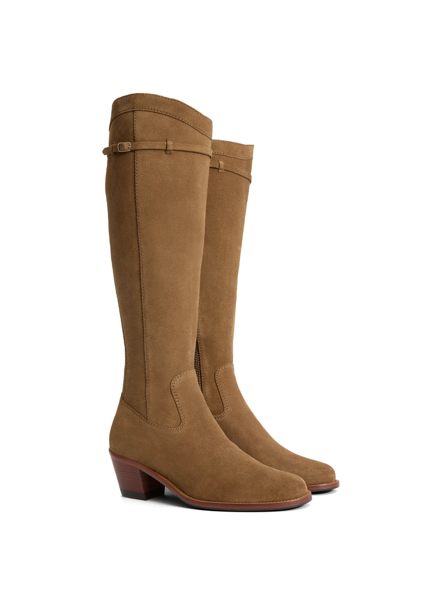 The Kimberley - Women's Knee-High Heeled Boots - Tan Suede